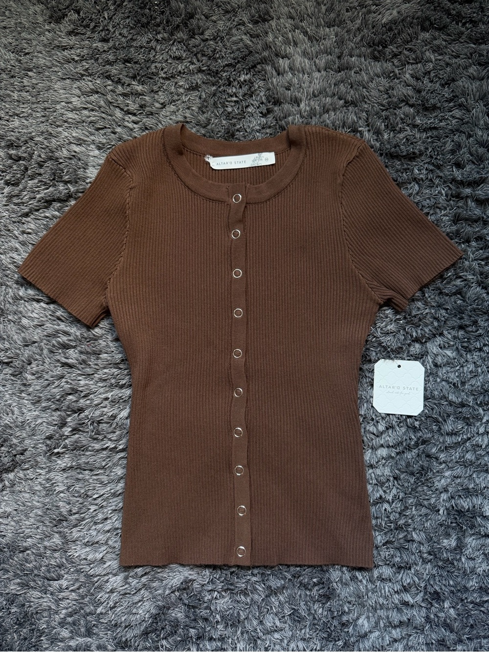 Altar'd State Brown Ribbed Button-Front Short Sleeve Top